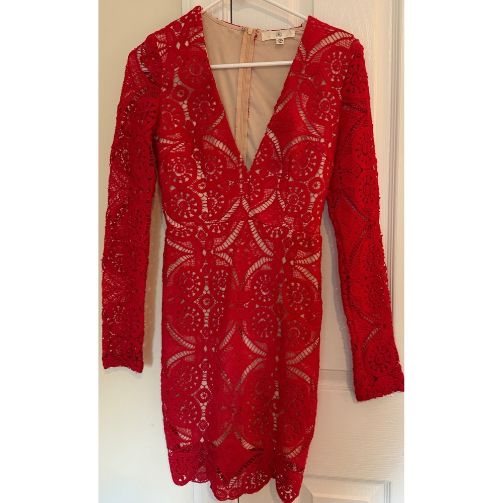 Missguided Red Crochet Lace Mini Dress Deep V-Neck Long Sleeve Bodycon Size 4